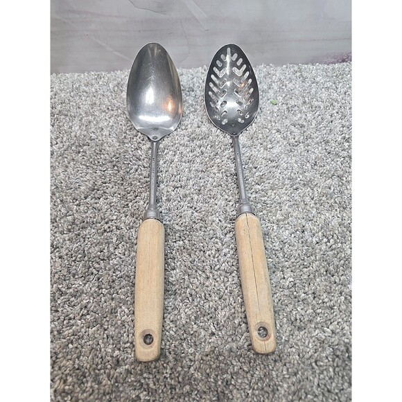 VINTAGE Ekco Eterna Stainless Steel Wooden Handle Slotted Straining Spoon Set - Picture 1 of 16